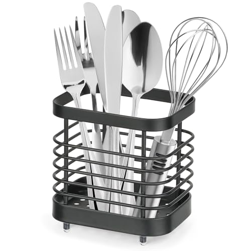 IWNTWY Utensil Holder, Stainless Steel Utensil Drying Rack for Kitchen Counter, Silverware Cutlery Flatware Holder Forks, Knives, Spoons, Chopsticks Organizer (Black) - Image 1