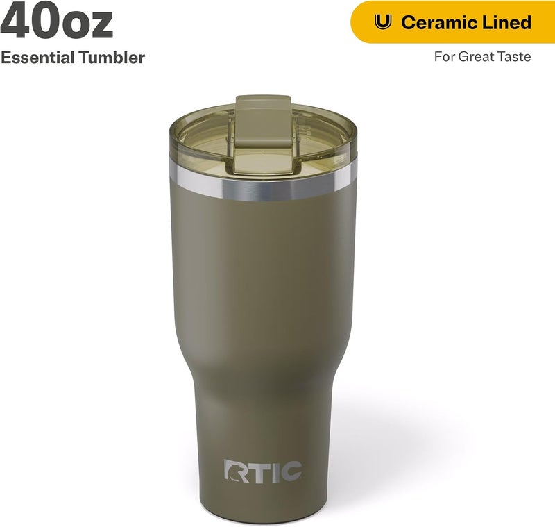 RTIC 40oz Essential Tumbler with Lid, Ceramic Lined, Insulated, Stainless Steel, Metal, Double Wall Vacuum-Insulation, Travel Cup for Iced Coffee, Tea, Hot and Cold Drink, Olive - Image 2