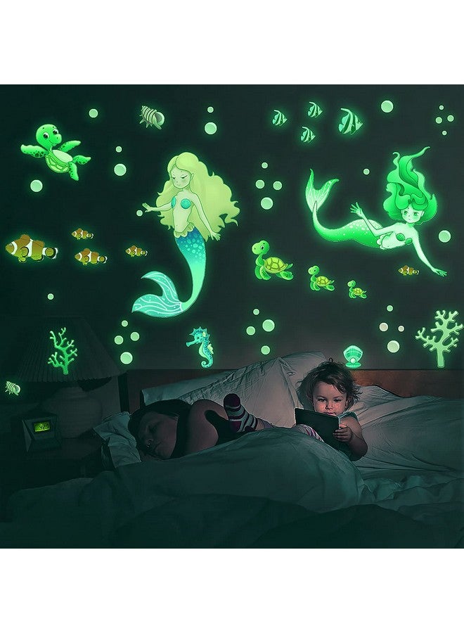 mesu Glow In The Dark Mermaid Wall Decals Sea Turtle Luminous Sticker Seahorse Ceiling Decor For Girls Room Nursery Mermaid - Image 1