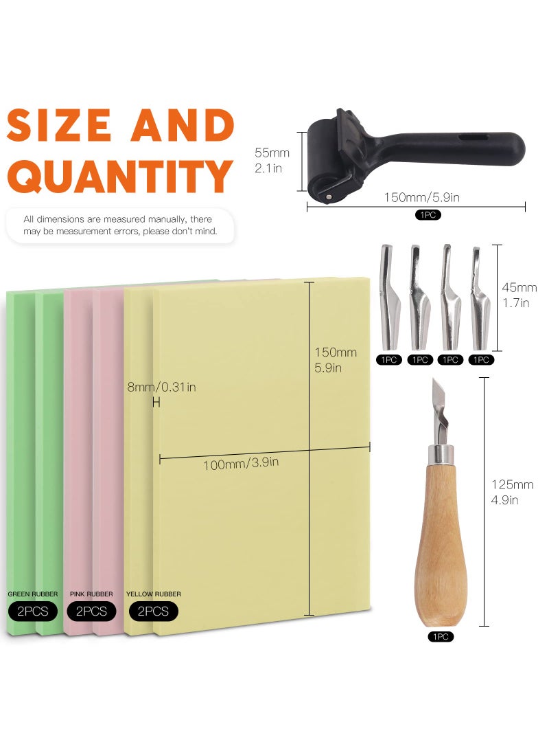 Rustark Rustark 13Pcs Rubber Stamp Making Kit with Stamp Block, Rubber Brayer Roller,Rubber and Wood Carving Cutting Tool, Block Printing Starter Tool Kit for Inking Blocks Carving and Printmaking  - Image 2