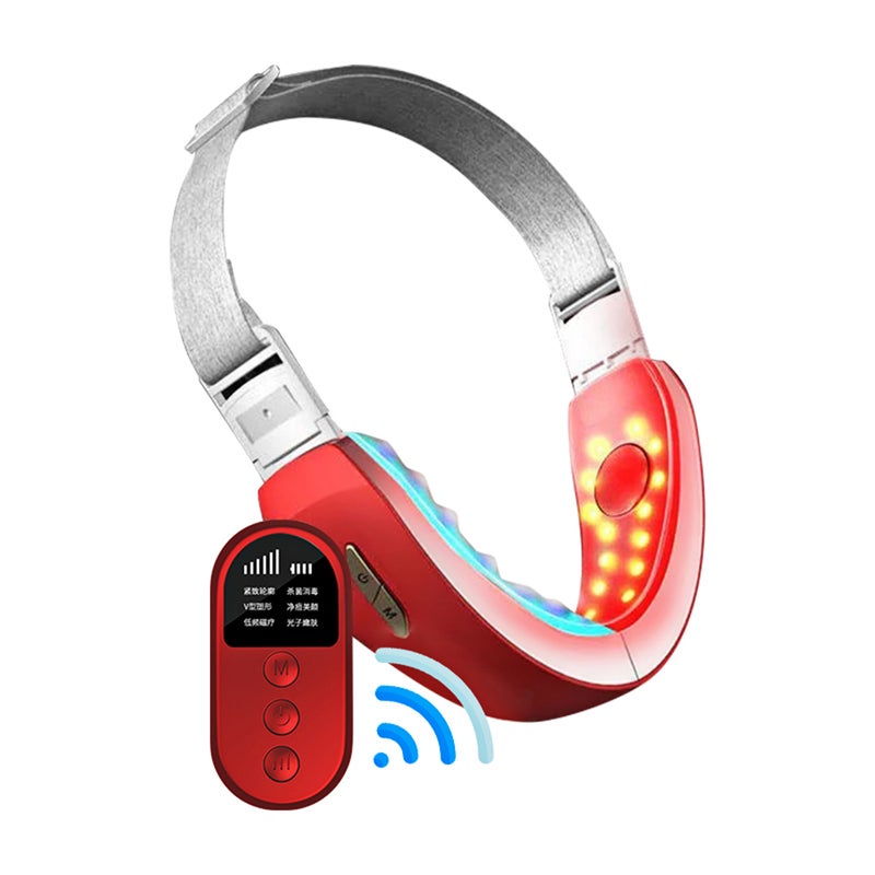 جهاز دراجة الوجه الكهربائي لتنشيط شكل الوجه المائل لـ V لتنحيف الوجه مع إضاءات LED ذكي لرفع الوجه - حزام可调 لرفع الخط V للذقن مع 6 أنماط خيارية وعلاج ضوئي بإضاءات LED الحمراء والزرقاء مع تحكم عن بعد - Image 1
