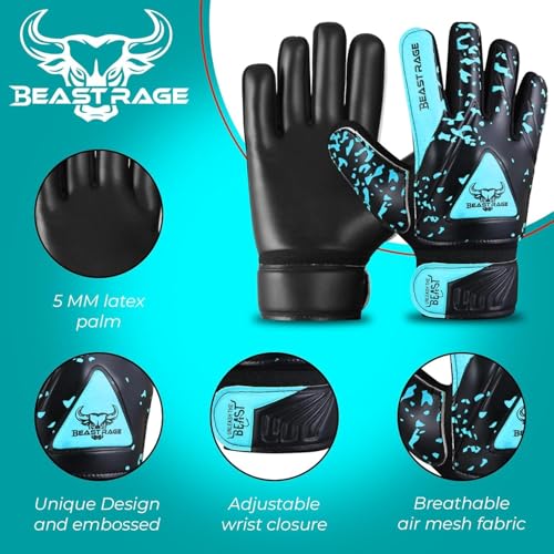 BEAST RAGE Goalkeeper Gloves for Kids Support Grip Youth Football Glove Kid Junior Soccer Glove for Kid 6-15 Men Adult Boys Football Gloves (Aqua, Size 2 for (4 to 5 Year Kid)) - Image 2