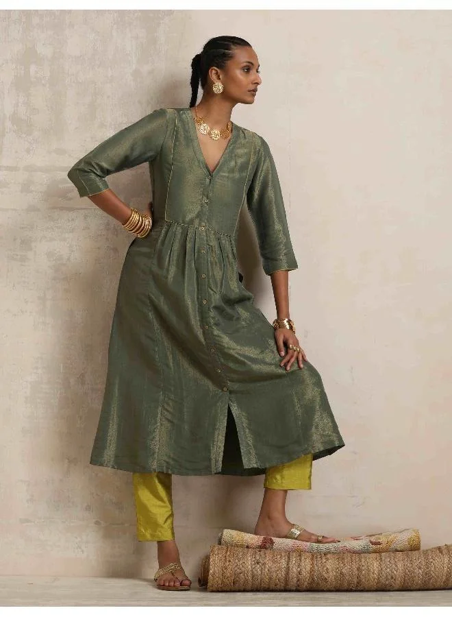 trueBrowns Green Tissue A-line Kurta Set