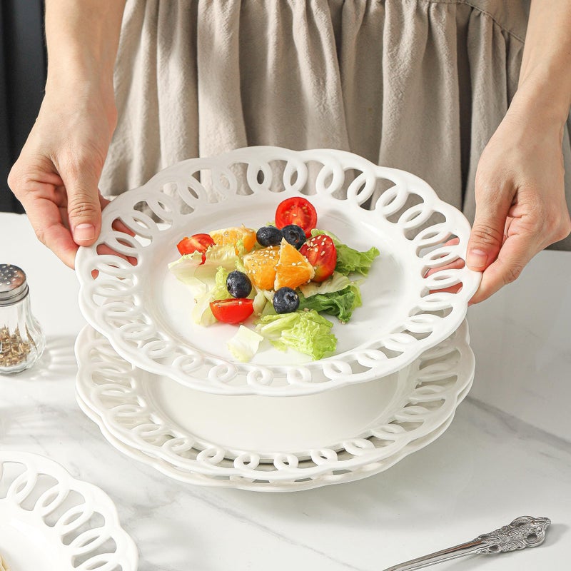 fMBB 4 Pack 10" Dinner Serving Plates with Lace Rim, New Bone Porcelain Round Tableware Plates with Unique Hollow Out Design Scolloped Edge, White Dishes for Daily Use or as an Excellent Plate Idea - Image 3