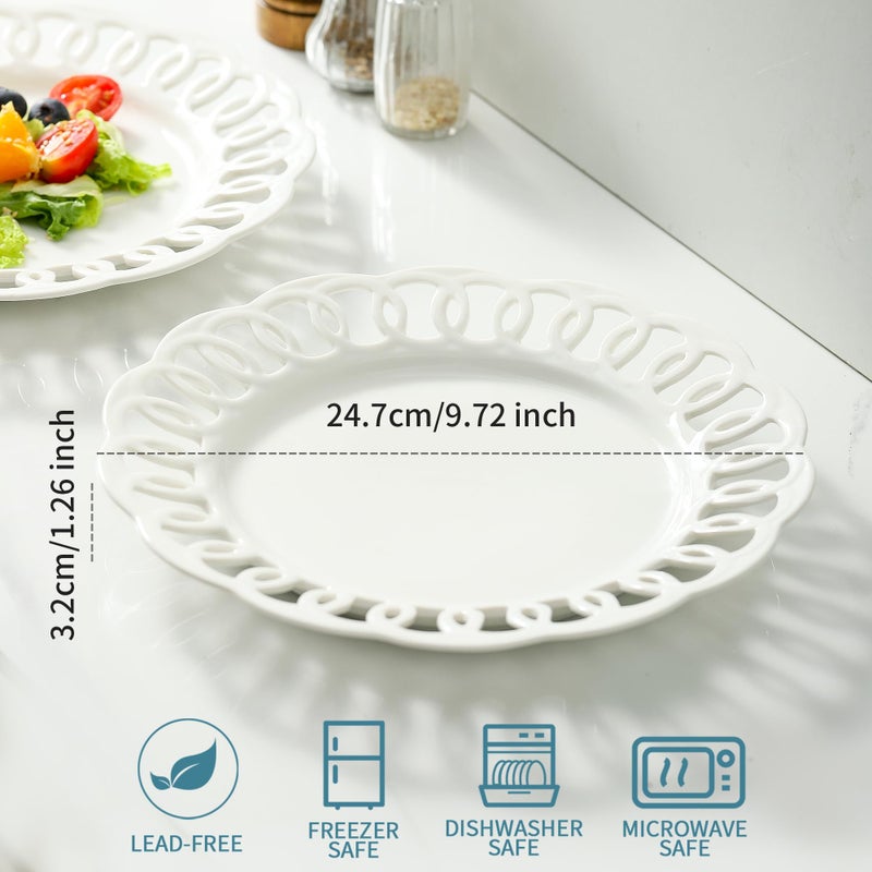 fMBB 4 Pack 10" Dinner Serving Plates with Lace Rim, New Bone Porcelain Round Tableware Plates with Unique Hollow Out Design Scolloped Edge, White Dishes for Daily Use or as an Excellent Plate Idea - Image 4
