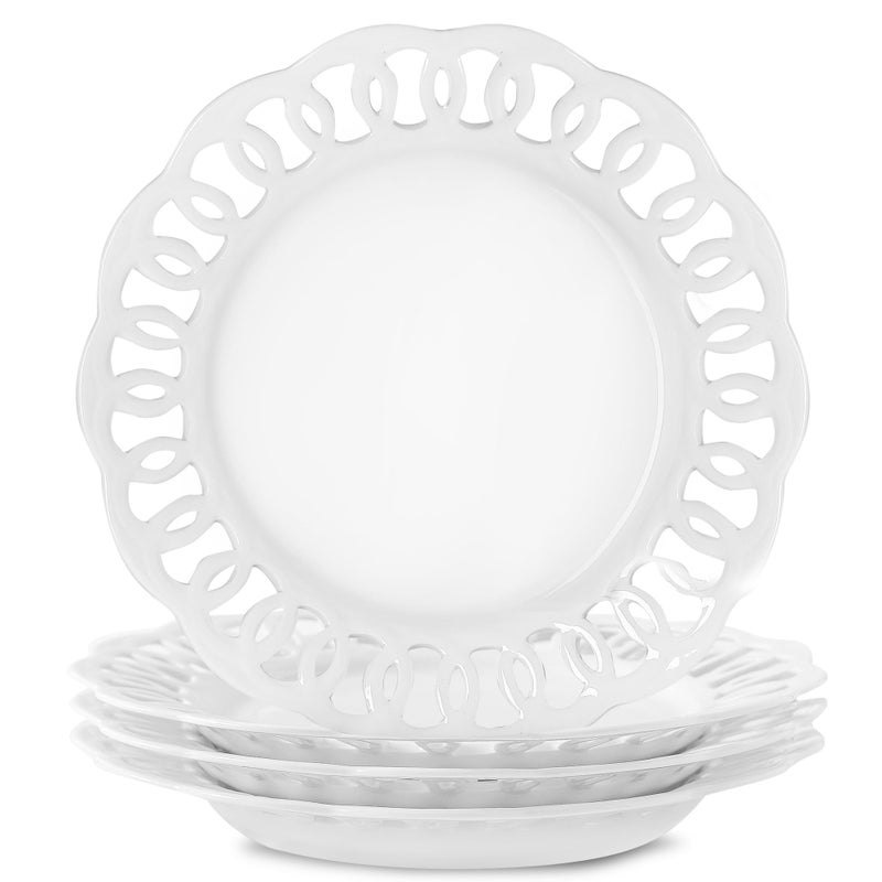 fMBB 4 Pack 10" Dinner Serving Plates with Lace Rim, New Bone Porcelain Round Tableware Plates with Unique Hollow Out Design Scolloped Edge, White Dishes for Daily Use or as an Excellent Plate Idea - Image 1