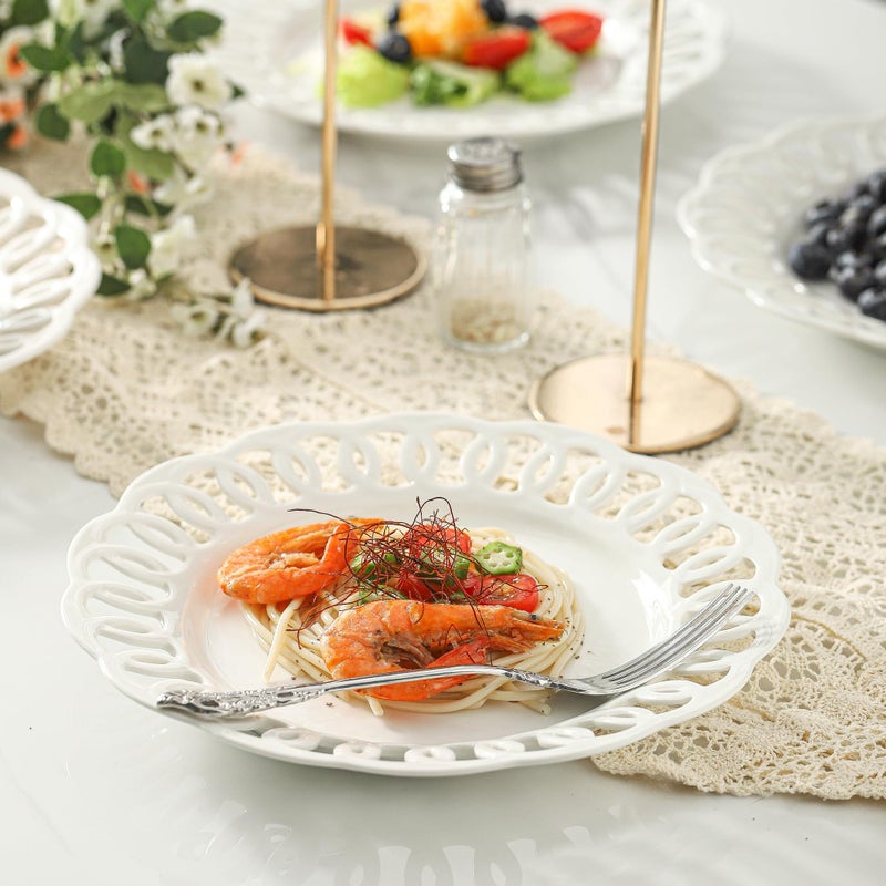 fMBB 4 Pack 10" Dinner Serving Plates with Lace Rim, New Bone Porcelain Round Tableware Plates with Unique Hollow Out Design Scolloped Edge, White Dishes for Daily Use or as an Excellent Plate Idea - Image 2