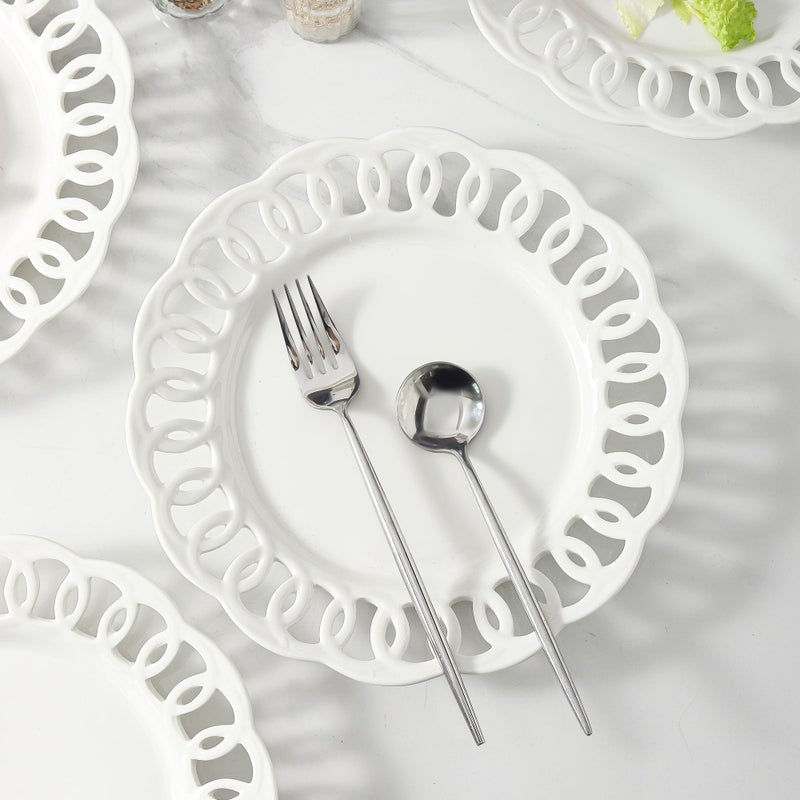 fMBB 4 Pack 10" Dinner Serving Plates with Lace Rim, New Bone Porcelain Round Tableware Plates with Unique Hollow Out Design Scolloped Edge, White Dishes for Daily Use or as an Excellent Plate Idea - Image 5