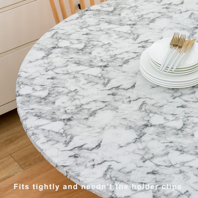 LIBERECOO Oval Tablecloth Vinyl Fitted Elastic Edge with Flannel Backing - Fits 48 x 68 Inch Oval Table - White Marble Pattern - Waterproof Wipeable Table Cover - Image 5