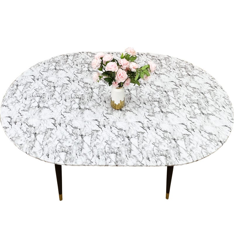 LIBERECOO Oval Tablecloth Vinyl Fitted Elastic Edge with Flannel Backing - Fits 48 x 68 Inch Oval Table - White Marble Pattern - Waterproof Wipeable Table Cover - Image 1