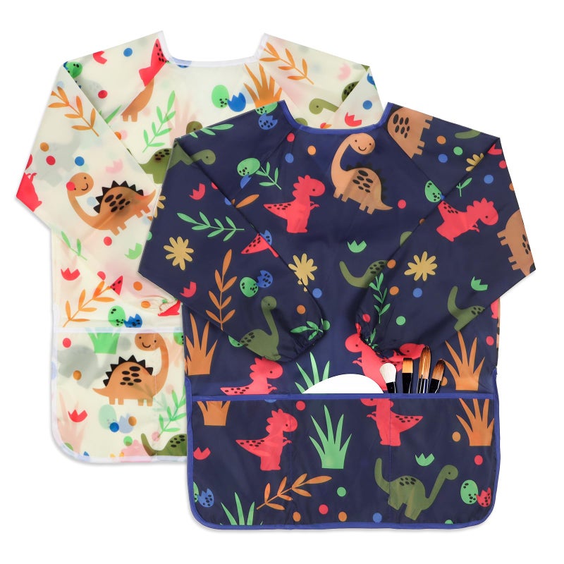 BAHABY Kids Art Smocks 2 Pack Dinosaur Painting Aprons for Children Waterproof Artist Smock with Long Sleeve and 3 Pockets for Age 38 Years - Image 2