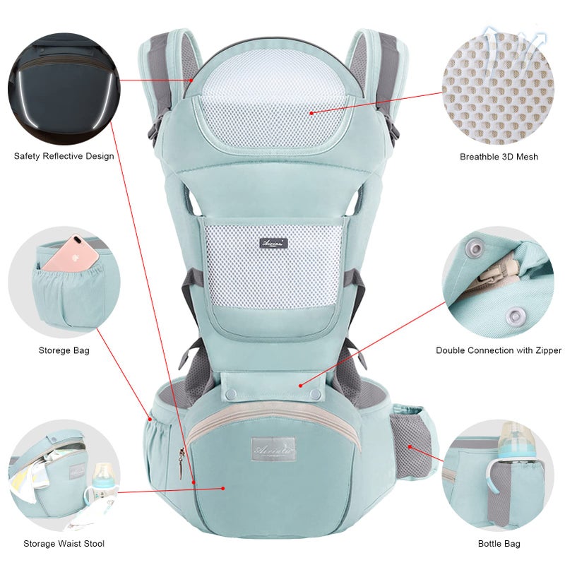 Ocanoiy Baby Carrier Newborn to Toddler Baby Wrap Carrier with Hip Seat Kangaroo Carrier Toddler Infant Baby Holder for Men Women Dad Mom (Green) - Image 2