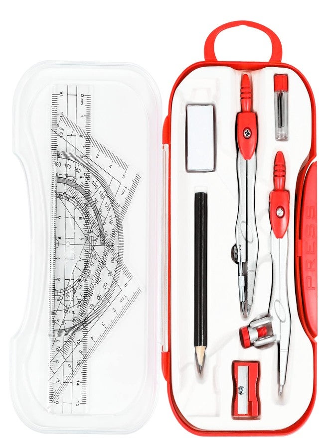 Unjoo Math Geometry Sets 10 Piece Student Supplies with Shatterproof Storage Box,Includes Rulers,Protractor,Compass,Eraser,Pencil Sharpener,Lead Refills,Pencil,for Drafting and Drawings (Red)） - Image 1