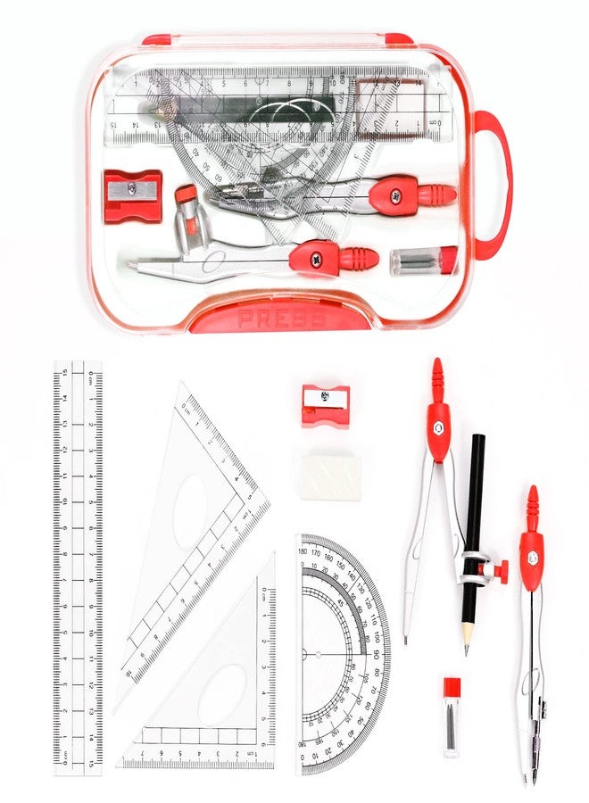 Unjoo Math Geometry Sets 10 Piece Student Supplies with Shatterproof Storage Box,Includes Rulers,Protractor,Compass,Eraser,Pencil Sharpener,Lead Refills,Pencil,for Drafting and Drawings (Red)） - Image 2