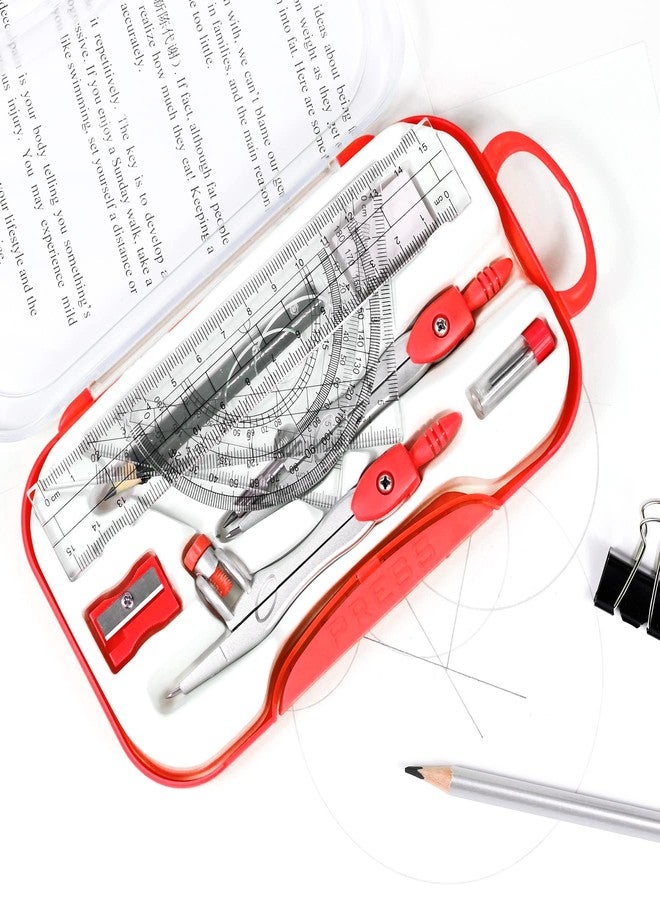 Unjoo Math Geometry Sets 10 Piece Student Supplies with Shatterproof Storage Box,Includes Rulers,Protractor,Compass,Eraser,Pencil Sharpener,Lead Refills,Pencil,for Drafting and Drawings (Red)） - Image 3