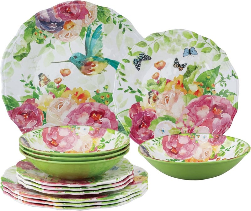 UPware 12 Piece Rose Garden Melamine Dinnerware Sets Outdoor Dishes Set Plates and Bowls Sets Service for 4 Multicolor - Image 1