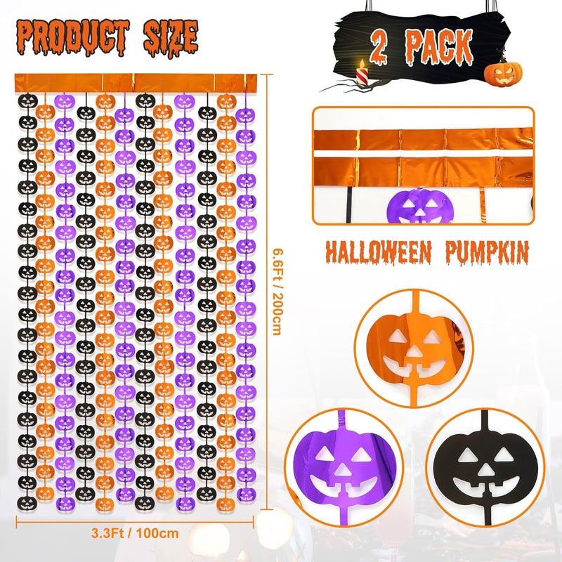 HALOGATE Halloween Party Decorations,2 Pack Orange Purple Black Pumpkin Metallic Foil Fringe Curtains, 3.3 X 6.6 Ft Photo Booth Props Streamers Backdrop for Halloween Party Supplies Haunted House Decor - Image 2