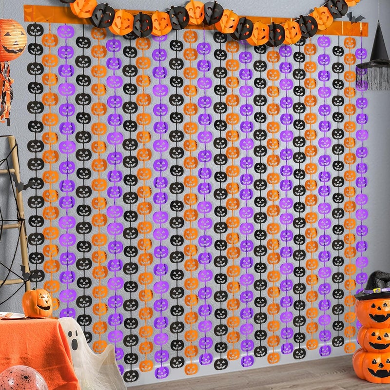 HALOGATE Halloween Party Decorations,2 Pack Orange Purple Black Pumpkin Metallic Foil Fringe Curtains, 3.3 X 6.6 Ft Photo Booth Props Streamers Backdrop for Halloween Party Supplies Haunted House Decor - Image 1