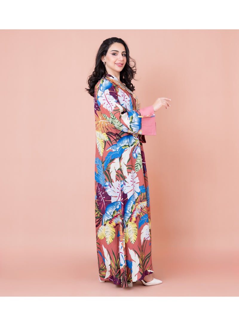 IKKXA Embroidered Leaf Blossom Jalabiya IK1031 Peach - Image 3