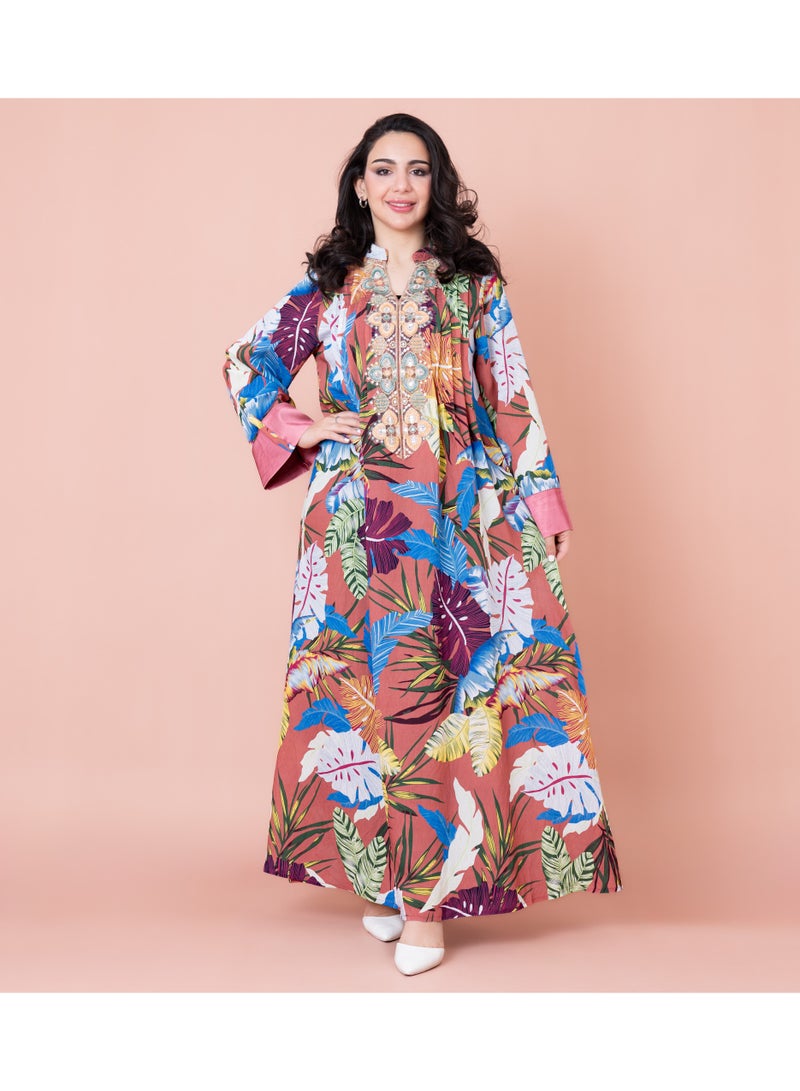 IKKXA Embroidered Leaf Blossom Jalabiya IK1031 Peach - Image 1