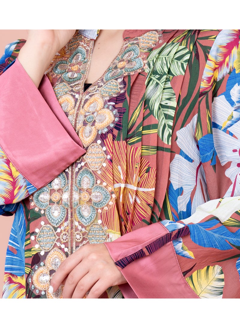 IKKXA Embroidered Leaf Blossom Jalabiya IK1031 Peach - Image 2