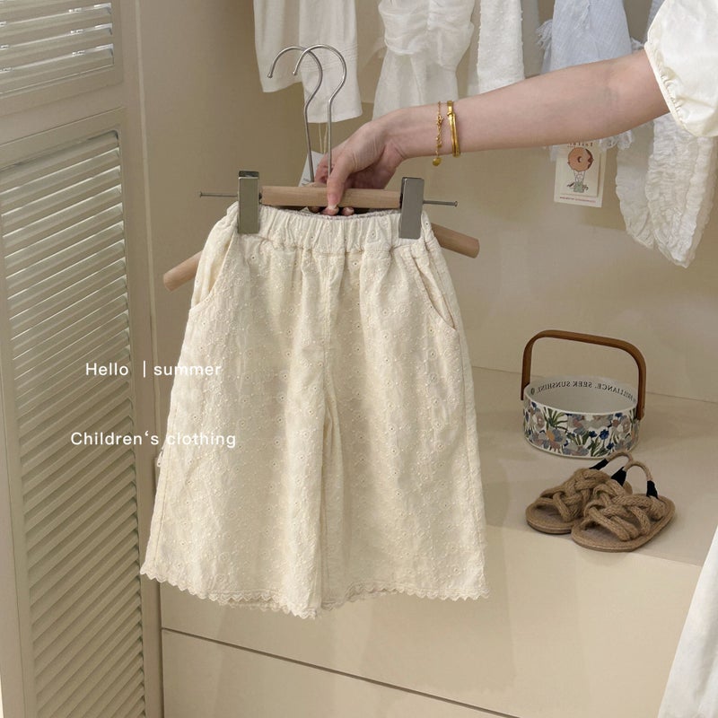 Cream Set 2024 Summer New Elegant Childrens Vest Wide Leg Pants Two-Piece Western Style Girls Clothes 5748-Beige Pants