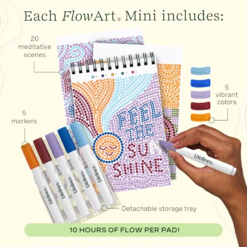 دفتر أنشطة FlowArt Mini ثلاثي الأحجام - كتب تلوين بالنقطة بالحرف، 15 أقلام ماركر مزدوجة الجوانب، 60 مشهد - تأملات فنية موجهة للمراهقين، البالغين، والمسنين - بنقطة بالحرف - براءة اختراع قيد الانتظار - Image 4