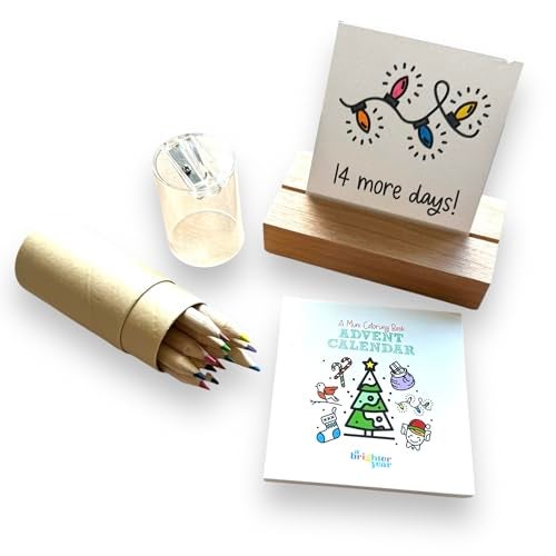 A Brighter Year The Original Adult Mini Coloring Book - Advent Calendar Edition w/Wooden Display Block & Colored Pencils - 3” x 3” Pocket Size, 24 Pages, Lay Flat Binding, Thick Paper - Gift & Travel - Image 1