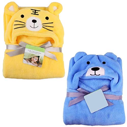 BRANDONN Baby's Tiger and Dog Design Hooded Wrapper Cum Baby Bath Towel ( Yellow and Blue ) - Pack of 2 - Image 1