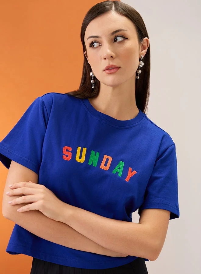 globus Globus Blue Embroidered Applique Boxy Crop T-Shirt
