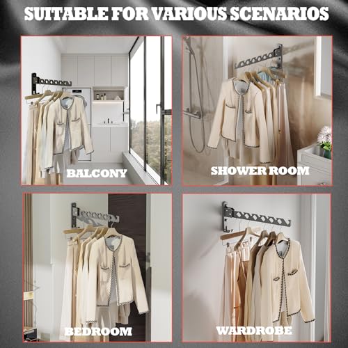 Dr.DJ Wall Mount Coat Hanger Holder Black Clothes Drying Organizer Rack Garment Hooks Aluminium Retractable Folding Indoor Wall Mounted Hanger Space Saver for Laundry Room Bedroom Black 2Pack - Image 3