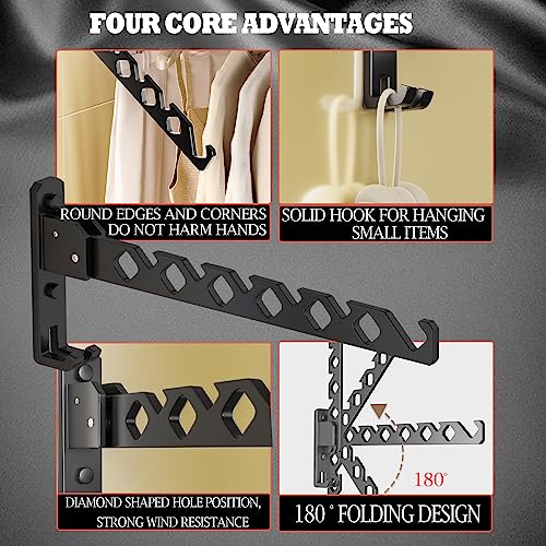 Dr.DJ Wall Mount Coat Hanger Holder Black Clothes Drying Organizer Rack Garment Hooks Aluminium Retractable Folding Indoor Wall Mounted Hanger Space Saver for Laundry Room Bedroom Black 2Pack - Image 5