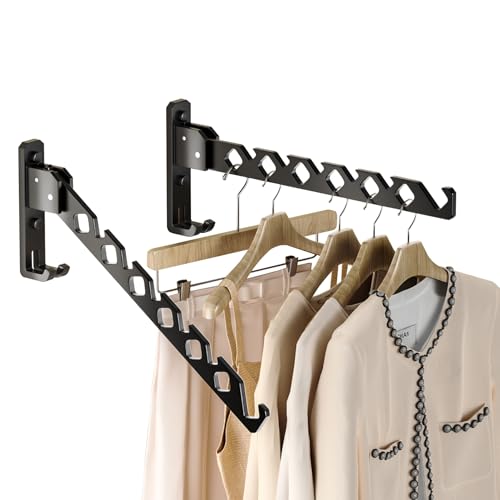 Dr.DJ Wall Mount Coat Hanger Holder Black Clothes Drying Organizer Rack Garment Hooks Aluminium Retractable Folding Indoor Wall Mounted Hanger Space Saver for Laundry Room Bedroom Black 2Pack - Image 1