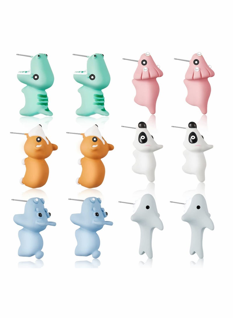 Adorable Animal Stud Earrings, 6 Pairs of 3D Cartoon Dinosaur and Shark Designs - Image 1