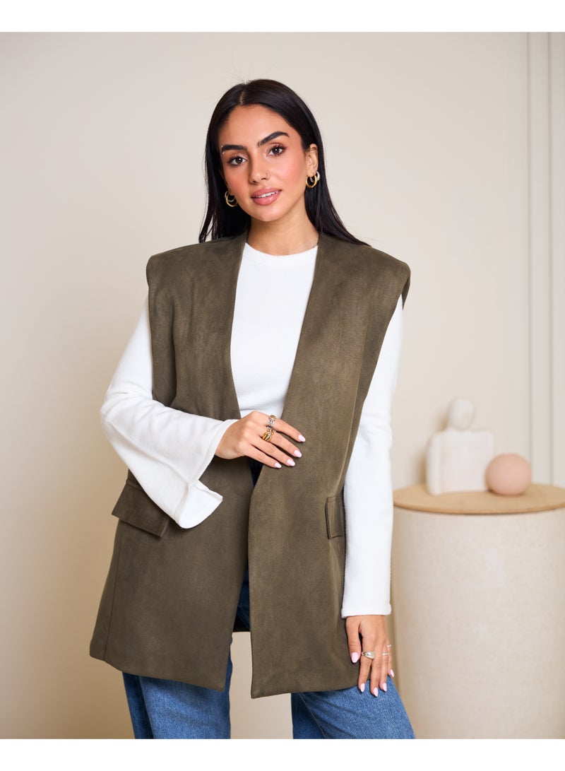 Dresscode Oversized Suede Vest In Olive Green - Image 1