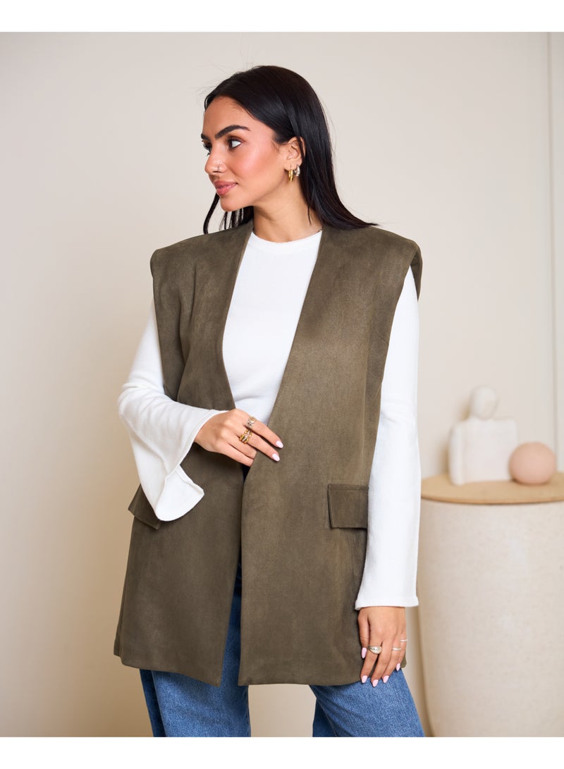 Dresscode Oversized Suede Vest In Olive Green - Image 2