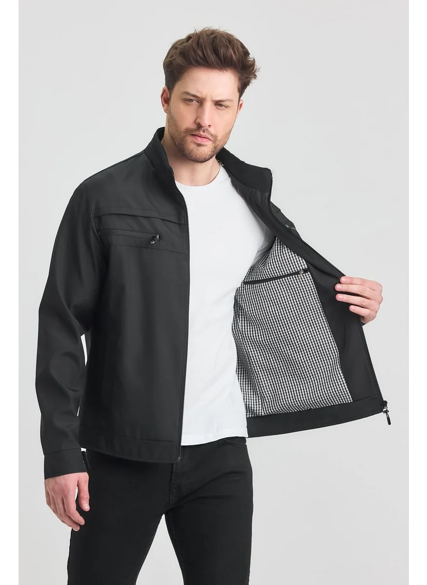 Sivaist Black Men's Cotton Polyester Blend Double Chest Zippered Water and Windproof Seasonal & Summer Coat