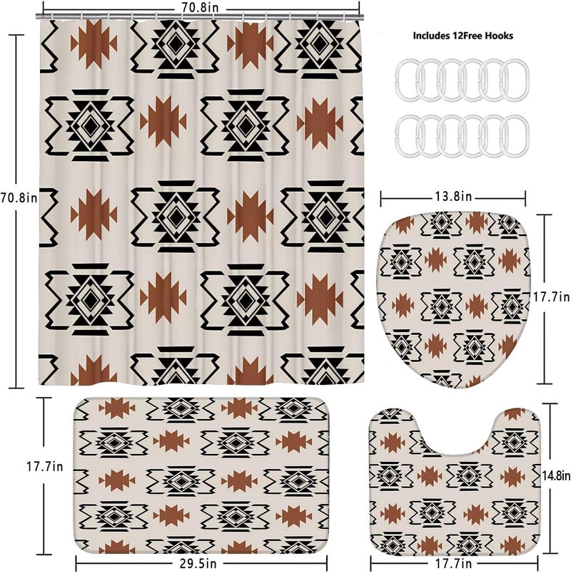 Pretyw 4-Piece Western Aztec Shower Curtain Set Geometric Vintage Bathroom Set with Shower Curtain and Rugs, Boho Abstract Pattern Bath Curtain with Hooks for Home Decor - Image 4