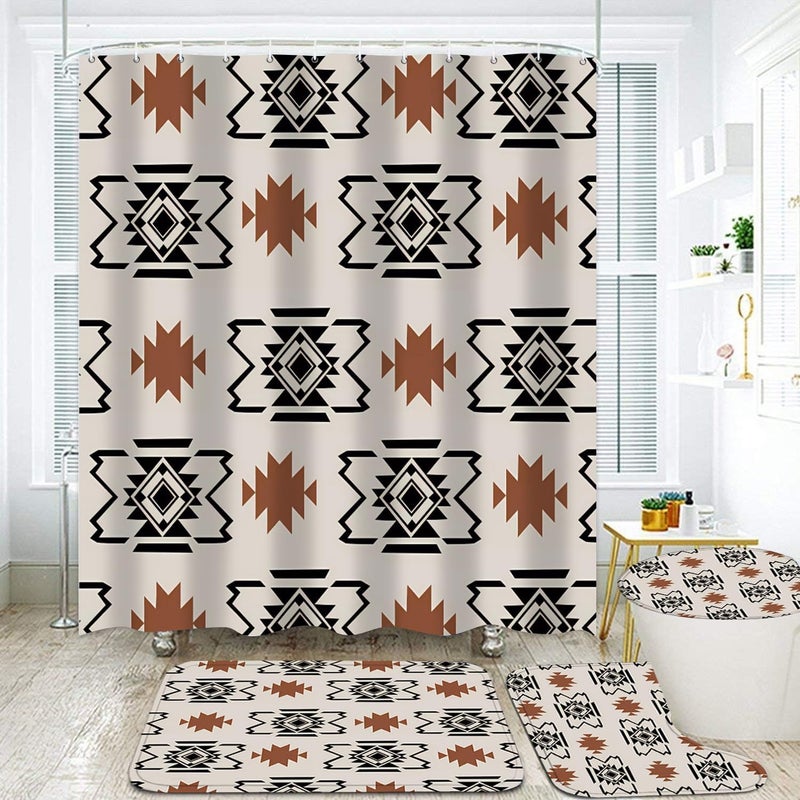 Pretyw 4-Piece Western Aztec Shower Curtain Set Geometric Vintage Bathroom Set with Shower Curtain and Rugs, Boho Abstract Pattern Bath Curtain with Hooks for Home Decor - Image 1
