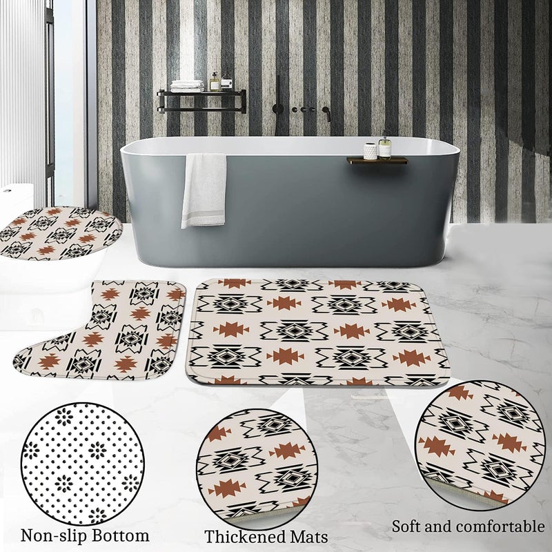 Pretyw 4-Piece Western Aztec Shower Curtain Set Geometric Vintage Bathroom Set with Shower Curtain and Rugs, Boho Abstract Pattern Bath Curtain with Hooks for Home Decor - Image 5