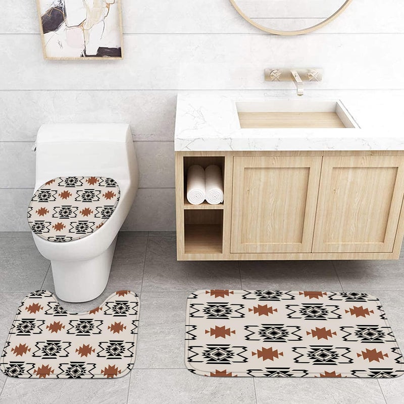 Pretyw 4-Piece Western Aztec Shower Curtain Set Geometric Vintage Bathroom Set with Shower Curtain and Rugs, Boho Abstract Pattern Bath Curtain with Hooks for Home Decor - Image 3