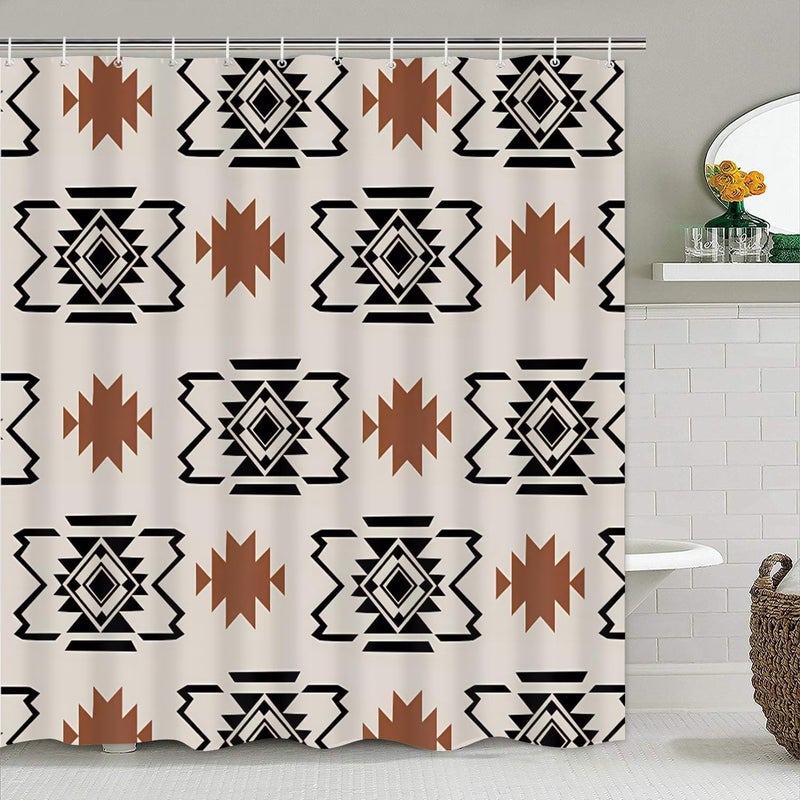Pretyw 4-Piece Western Aztec Shower Curtain Set Geometric Vintage Bathroom Set with Shower Curtain and Rugs, Boho Abstract Pattern Bath Curtain with Hooks for Home Decor - Image 2