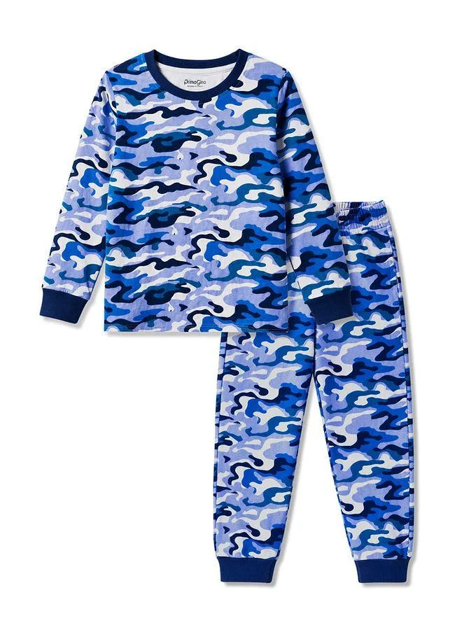 Primo Gino Primo Gino 100% Cotton Knit All Over Camo Printed Full Sleeves T-Shirt & Pyjama Set - Blue