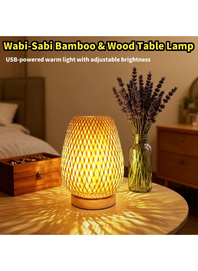 Wabi-Sabi Bamboo & Wood Table Lamp – Nordic Ins-style Woven Bedside Night Light for Bedrooms/Guesthouses, Retro Desk Lamp with USB Power & Adjustable Warm Light - Image 1