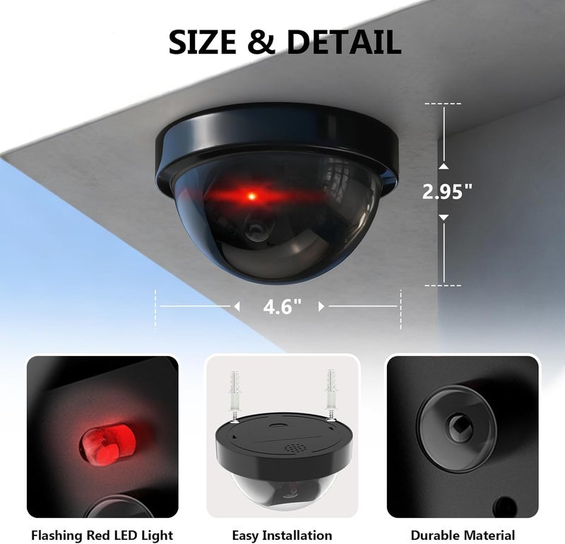 WALI كاميرا دمية مزيفة للأمن CCTV على شكل قبة مع ضوء LED أحمر وامض مع ملصقات تنبيه أمني (SD-2)، عبوتان، أسود - Image 5