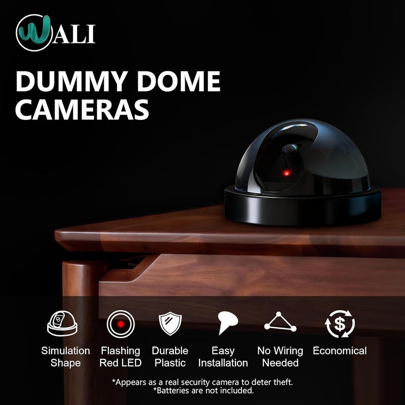 WALI كاميرا دمية مزيفة للأمن CCTV على شكل قبة مع ضوء LED أحمر وامض مع ملصقات تنبيه أمني (SD-2)، عبوتان، أسود - Image 3