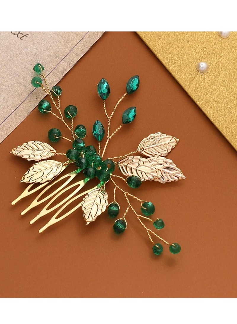 Captaintech Combs for Women Accessories Wedding Hair Accessories For Brides Leaves Crystal Bride Wedding Hair Comb Vintage Gold Emerald Green Crystal Bridal Hair Pieces Rhinestones Hair Clips  - Image 1