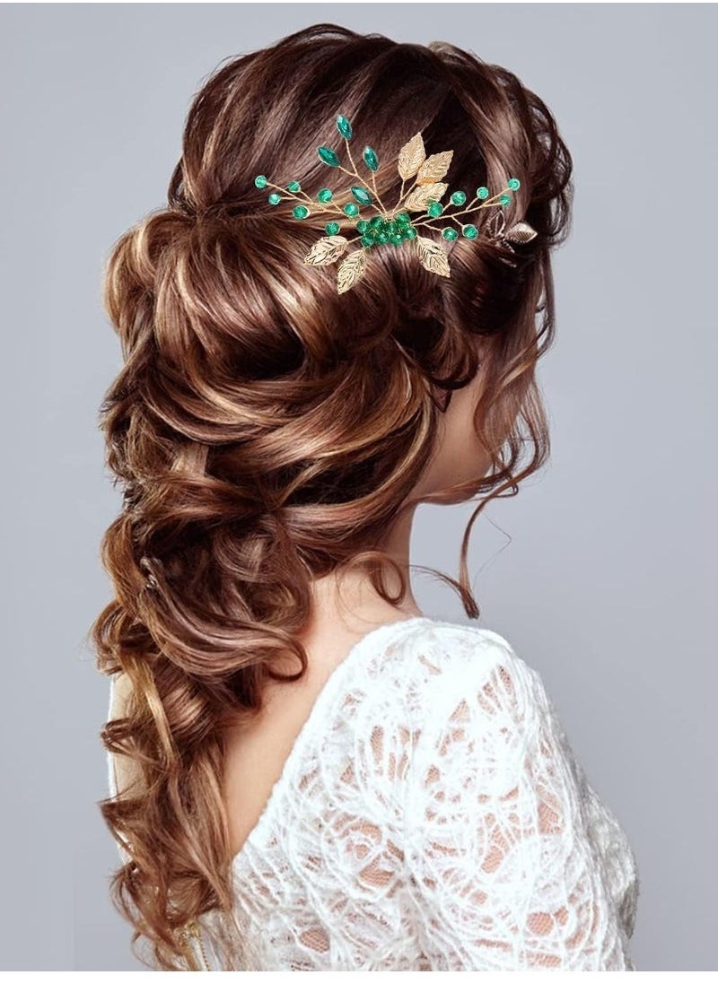 Captaintech Combs for Women Accessories Wedding Hair Accessories For Brides Leaves Crystal Bride Wedding Hair Comb Vintage Gold Emerald Green Crystal Bridal Hair Pieces Rhinestones Hair Clips  - Image 2