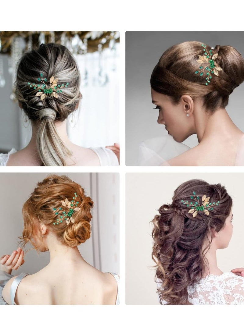 Captaintech Combs for Women Accessories Wedding Hair Accessories For Brides Leaves Crystal Bride Wedding Hair Comb Vintage Gold Emerald Green Crystal Bridal Hair Pieces Rhinestones Hair Clips  - Image 3
