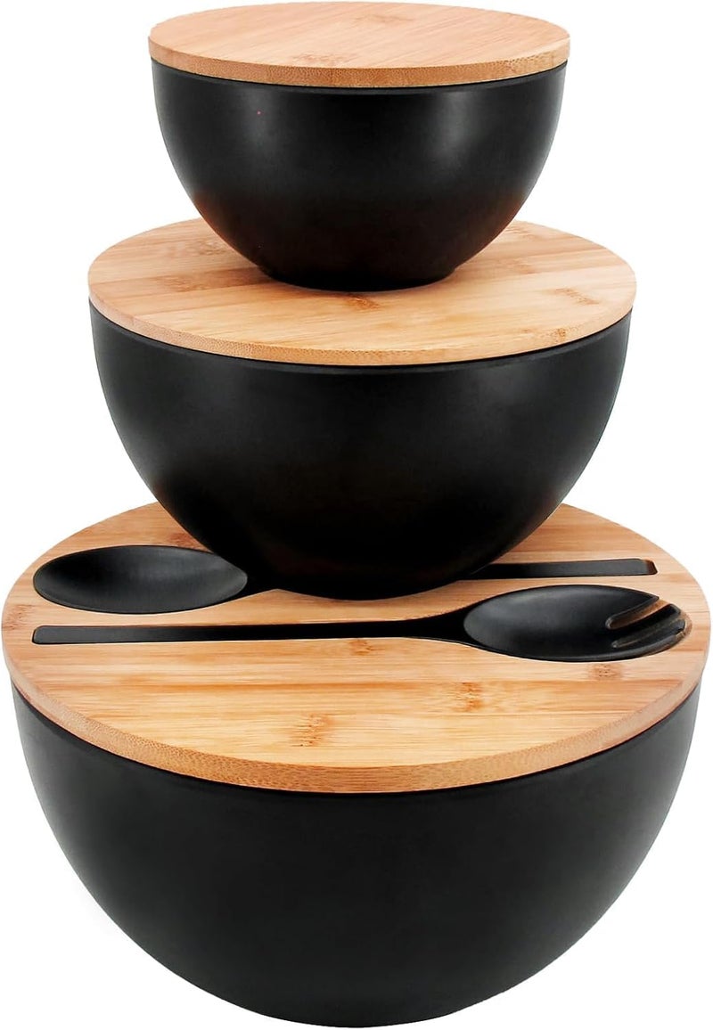ECOWAY Salad Bowls Set of 3 with Lid  Serving Utensils Bamboo Fiber Mixing Bowls Set Large Serving Bowls  Storage Set with Bamboo Lid for Salad Kitchen Eating Pasta Popcorn Chips Fruit Black - Image 1